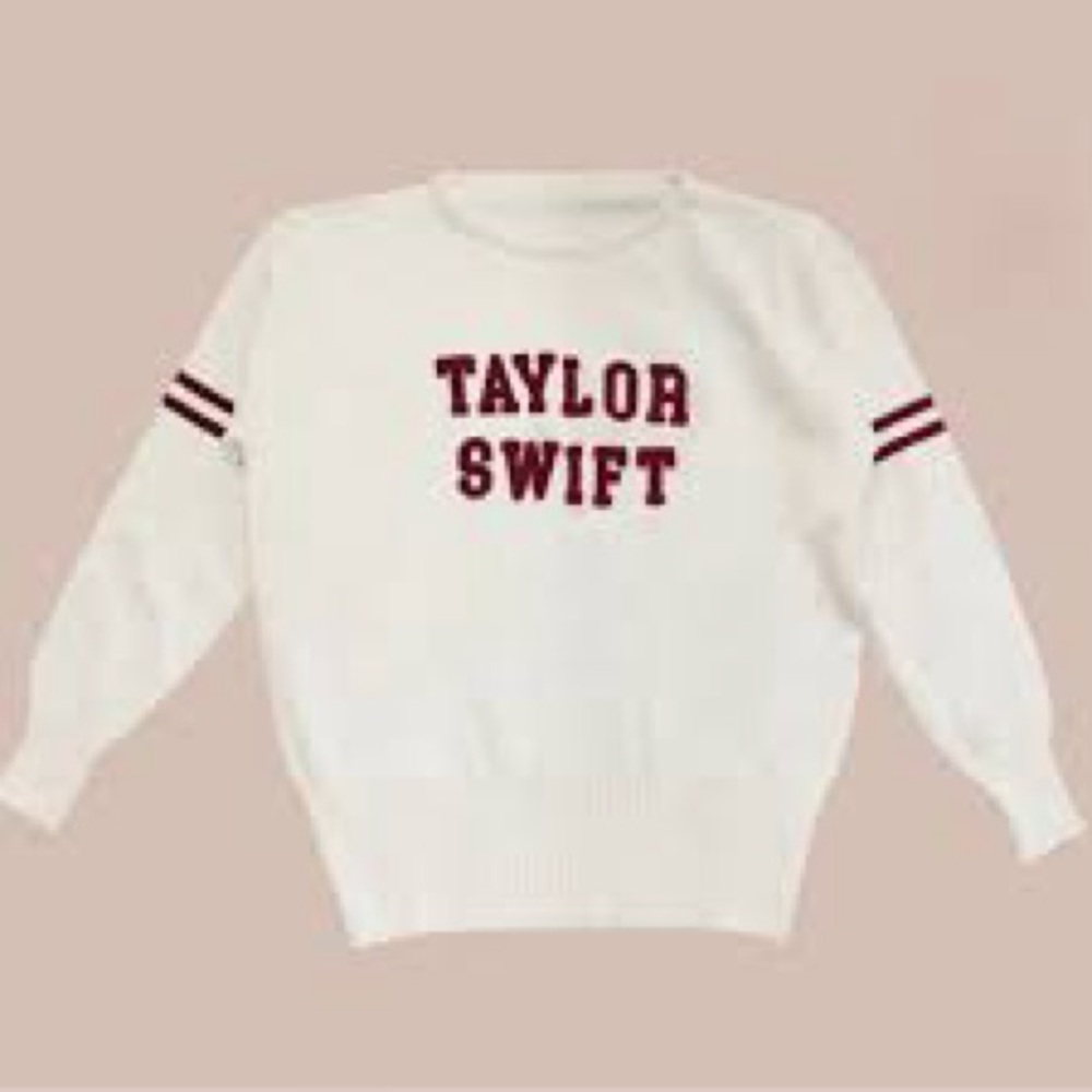 Taylor Swift White Crewneck Sweater with Maroon Lettering